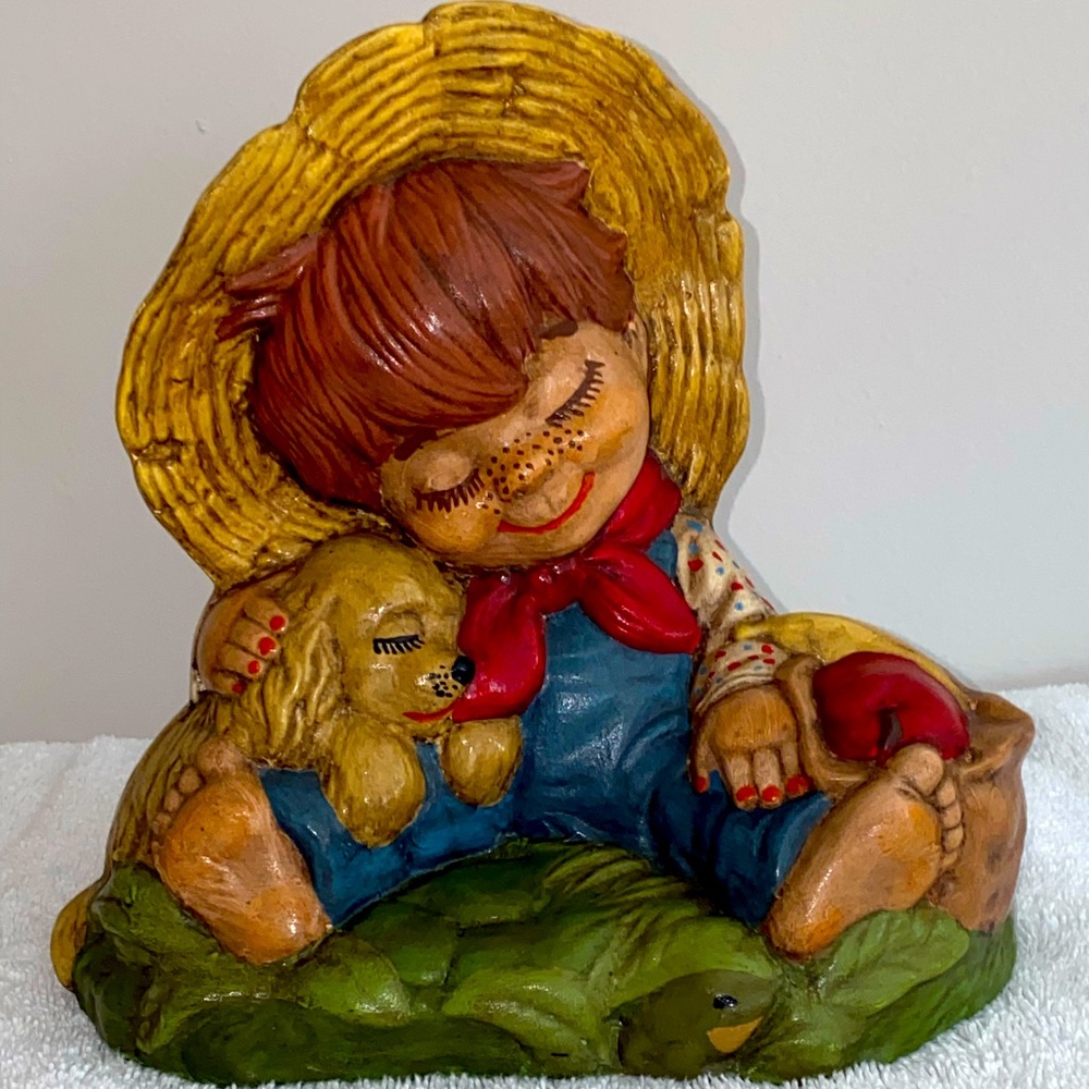 Vintage 1973 Ceramic Country Girl In Straw Hat With A Dog